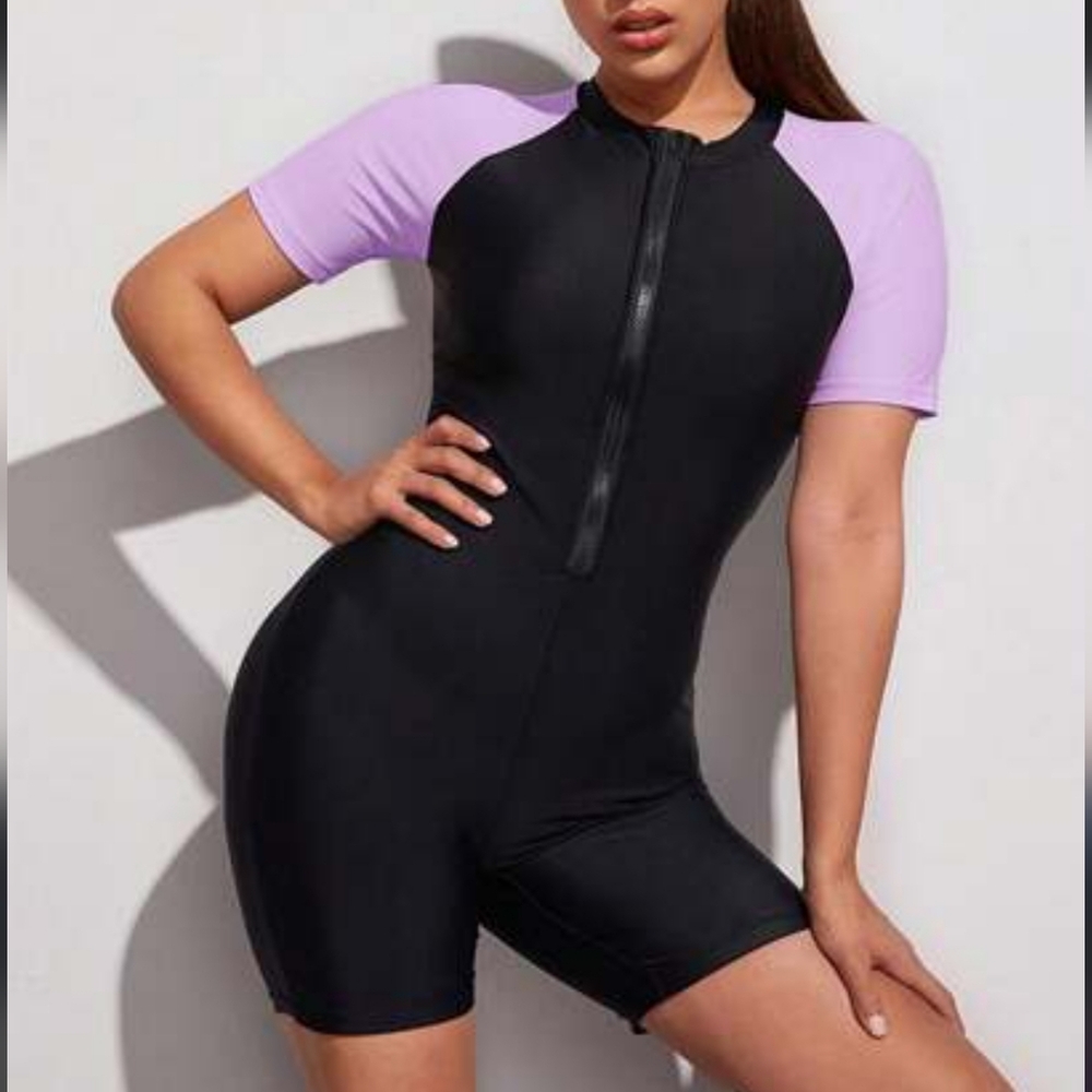 Black and Purple Short Sleeve Bodysuit Swimsuit
